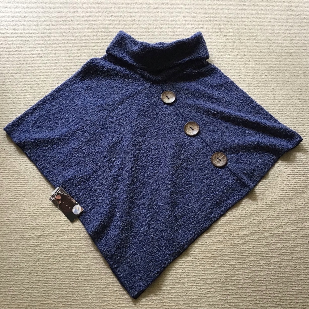 Navy Cozy Knit Poncho with Button Detail